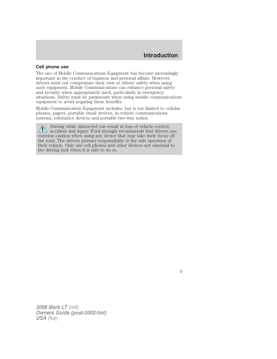 Cell phone use, Introduction | Lincoln 2008 Mark LT User Manual | Page 9 / 328