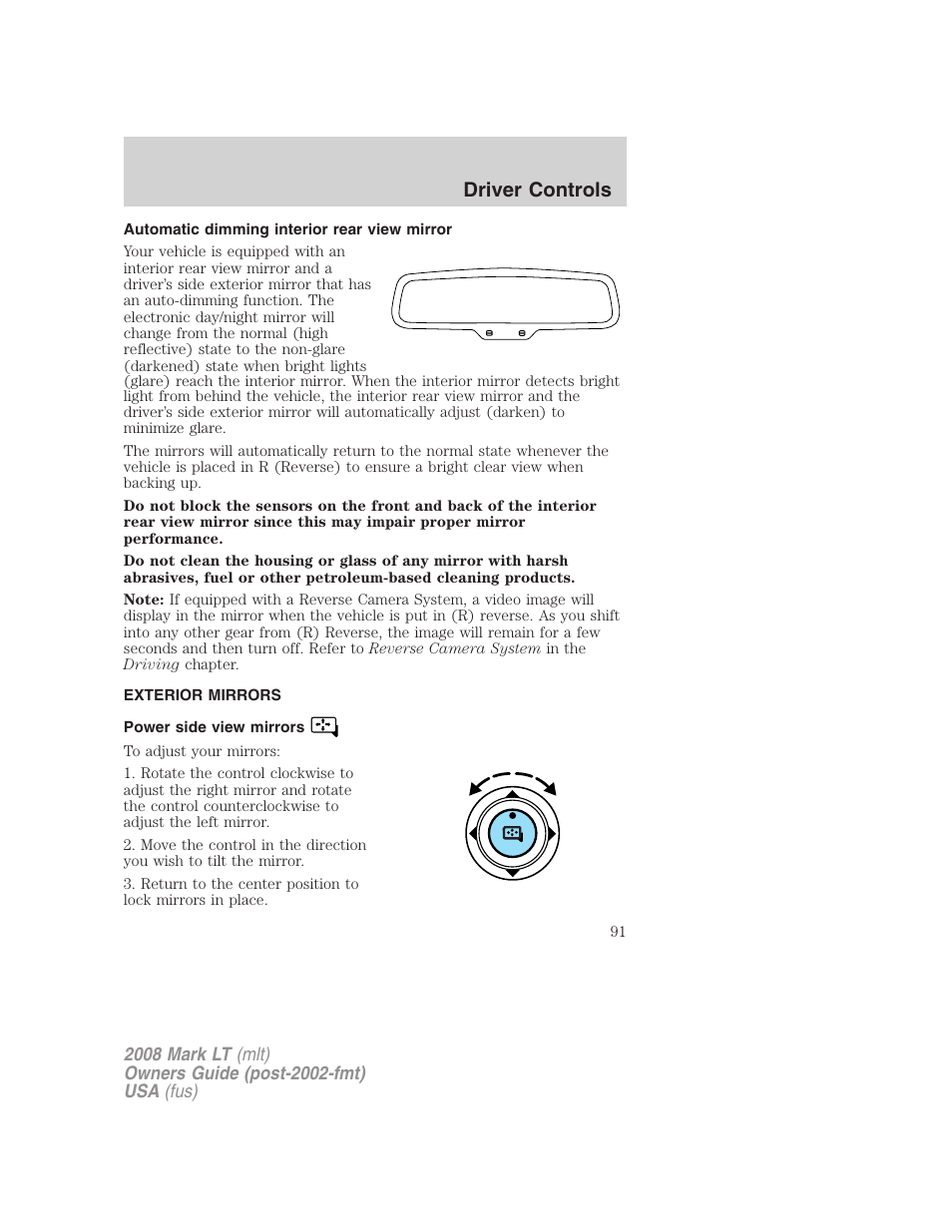 Automatic dimming interior rear view mirror, Exterior mirrors, Power side view mirrors | Driver controls | Lincoln 2008 Mark LT User Manual | Page 91 / 328