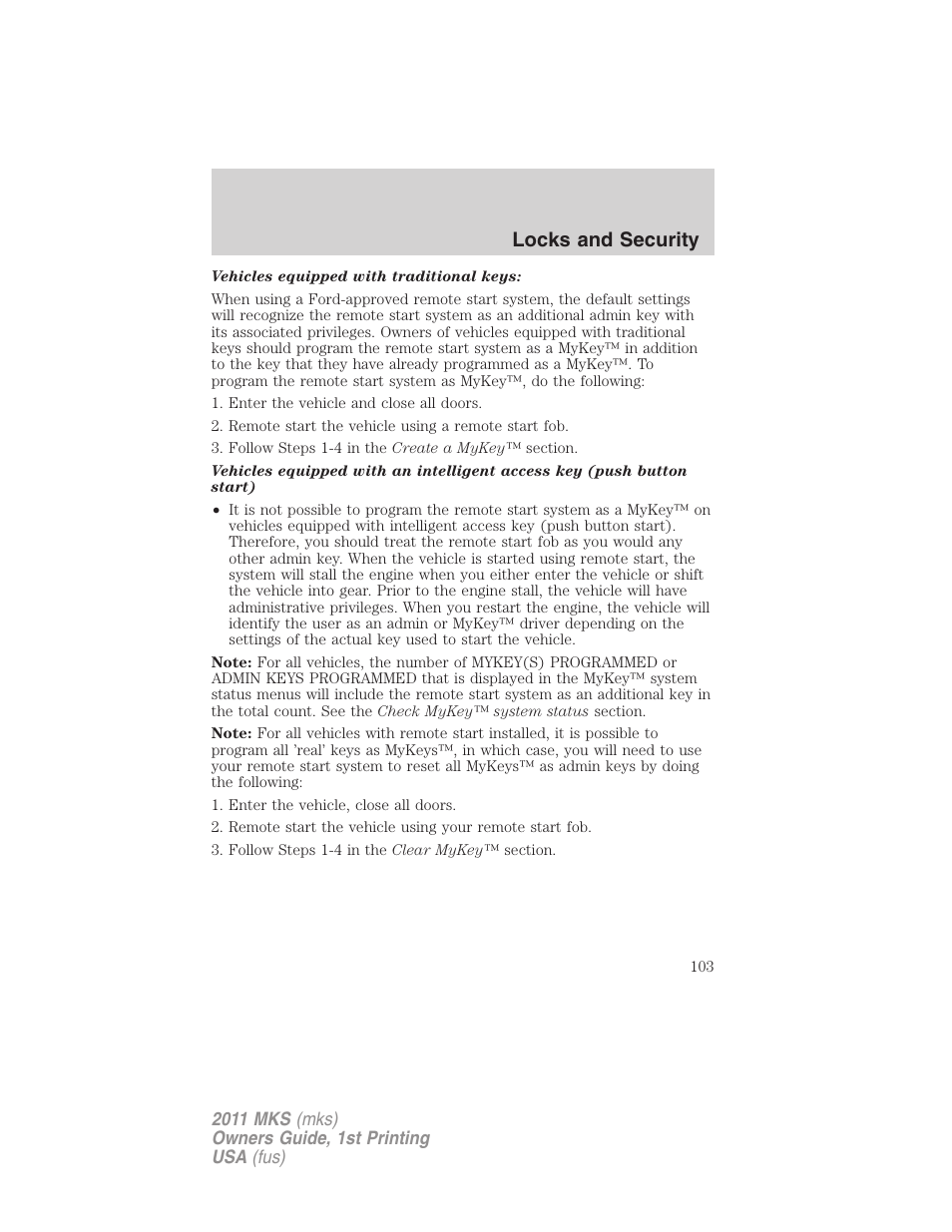 Locks and security | Lincoln 2011 MKS User Manual | Page 103 / 377