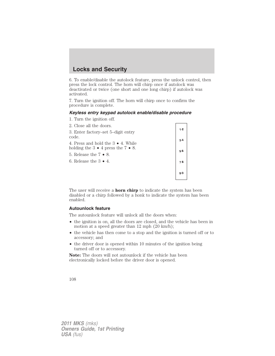 Autounlock feature, Locks and security | Lincoln 2011 MKS User Manual | Page 108 / 377