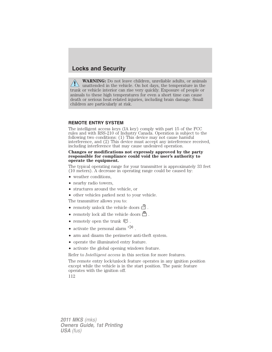 Remote entry system, Locks and security | Lincoln 2011 MKS User Manual | Page 112 / 377