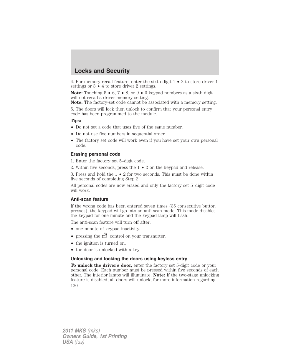 Erasing personal code, Anti-scan feature, Locks and security | Lincoln 2011 MKS User Manual | Page 120 / 377