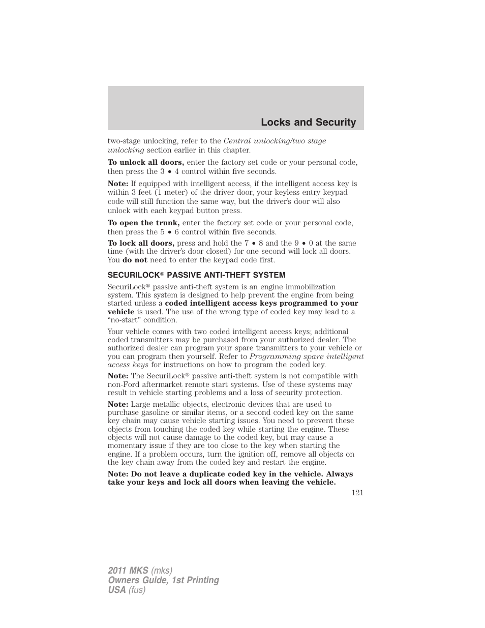 Securilock passive anti-theft system, Anti-theft system, Locks and security | Lincoln 2011 MKS User Manual | Page 121 / 377