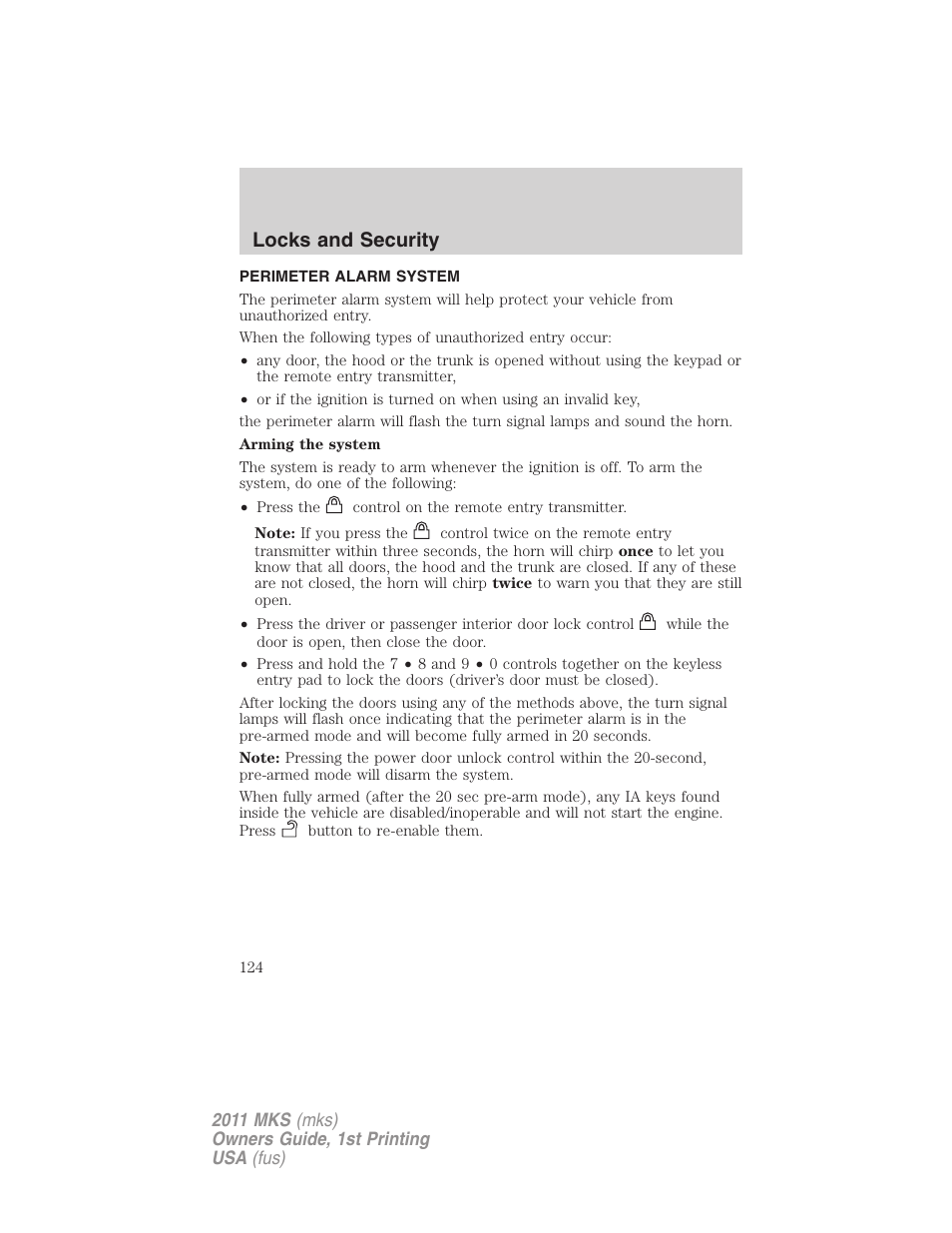 Perimeter alarm system, Locks and security | Lincoln 2011 MKS User Manual | Page 124 / 377
