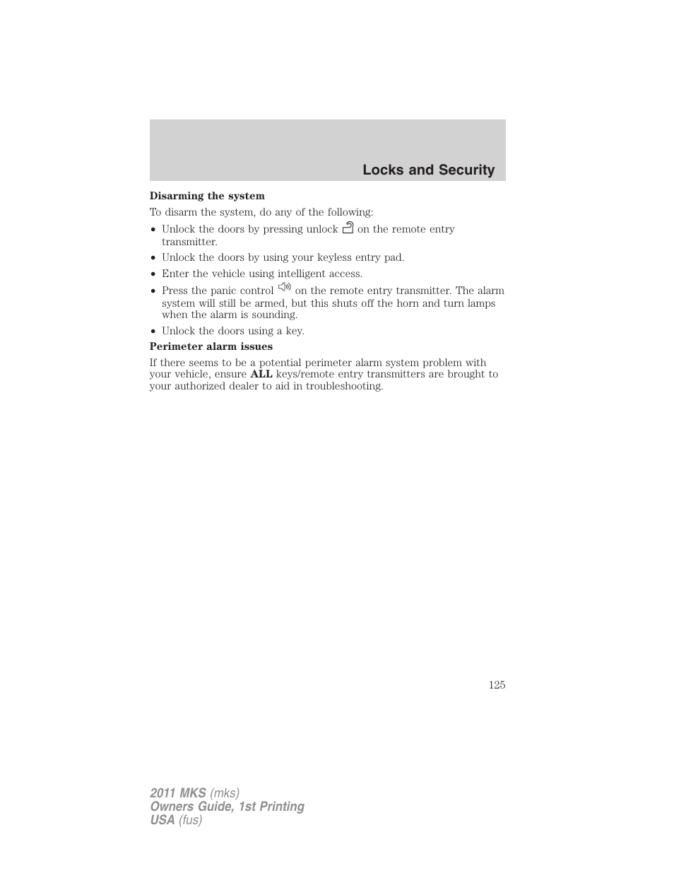 Locks and security | Lincoln 2011 MKS User Manual | Page 125 / 377