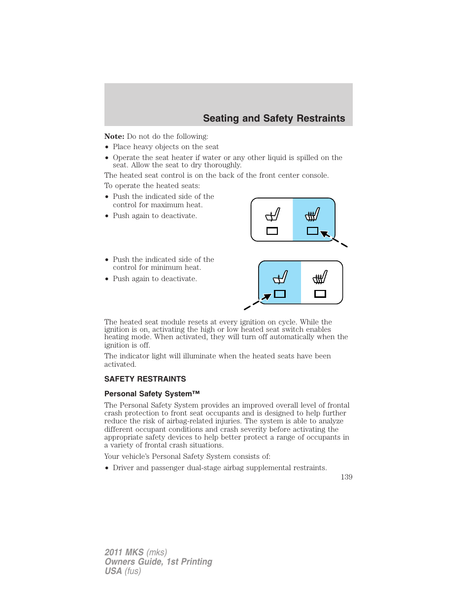 Safety restraints, Personal safety system, Seating and safety restraints | Lincoln 2011 MKS User Manual | Page 139 / 377