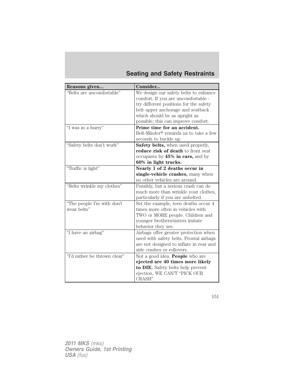 Seating and safety restraints | Lincoln 2011 MKS User Manual | Page 151 / 377