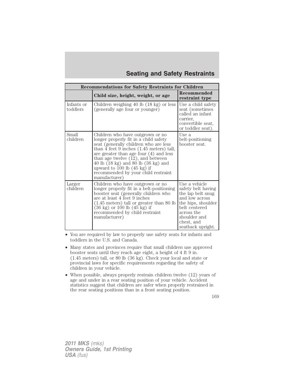 Seating and safety restraints | Lincoln 2011 MKS User Manual | Page 169 / 377