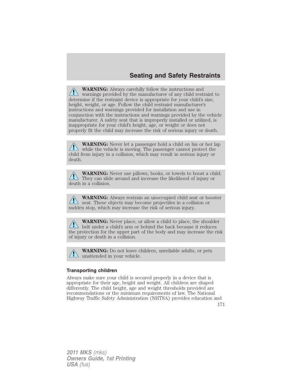 Transporting children, Seating and safety restraints | Lincoln 2011 MKS User Manual | Page 171 / 377