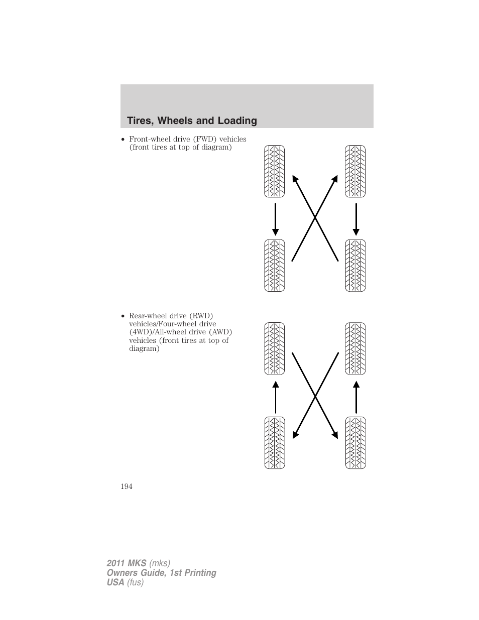 Tires, wheels and loading | Lincoln 2011 MKS User Manual | Page 194 / 377