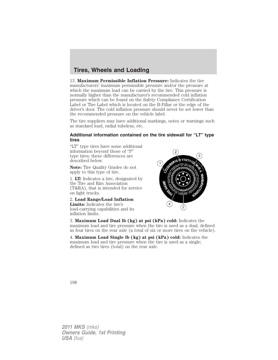 Tires, wheels and loading | Lincoln 2011 MKS User Manual | Page 198 / 377