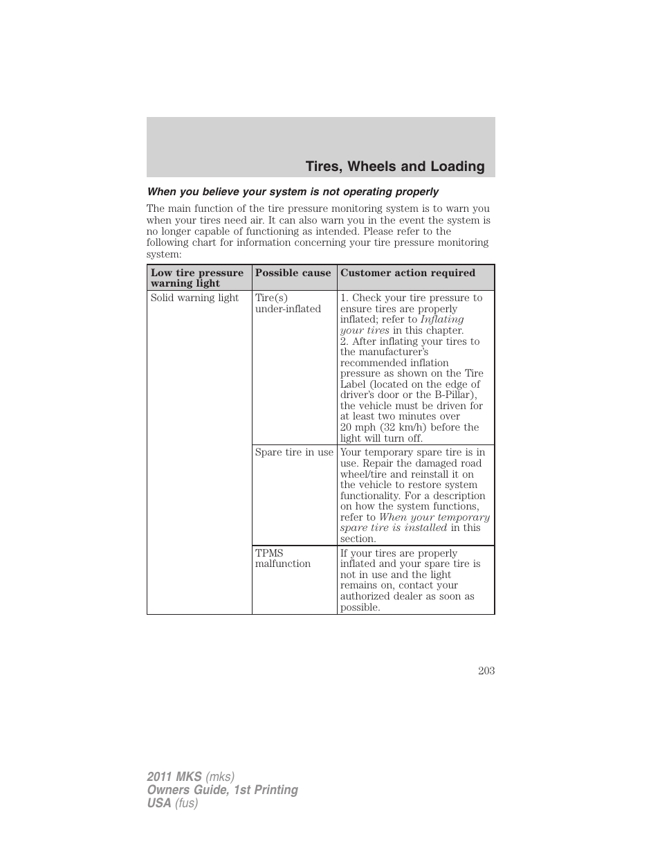 Tires, wheels and loading | Lincoln 2011 MKS User Manual | Page 203 / 377