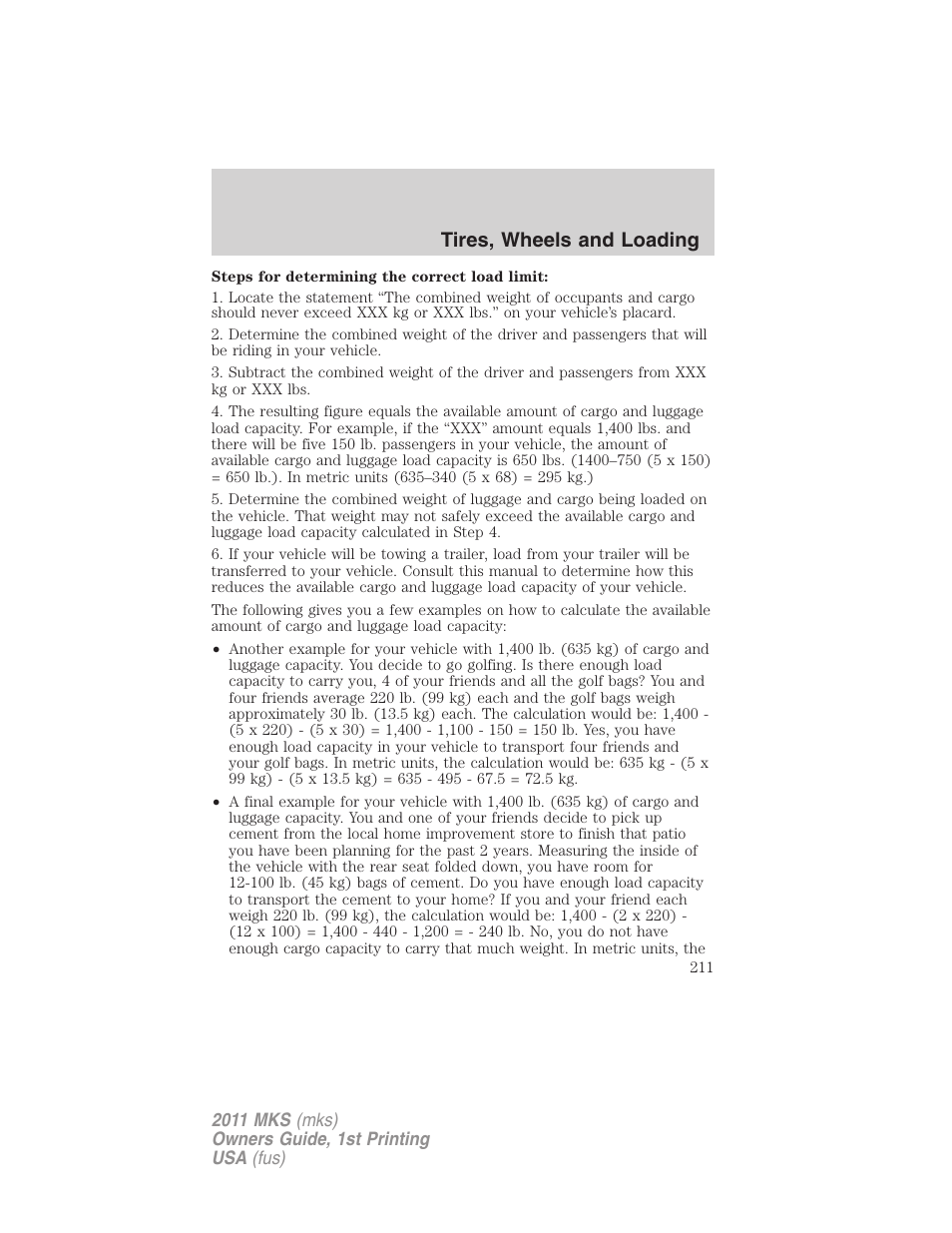 Tires, wheels and loading | Lincoln 2011 MKS User Manual | Page 211 / 377