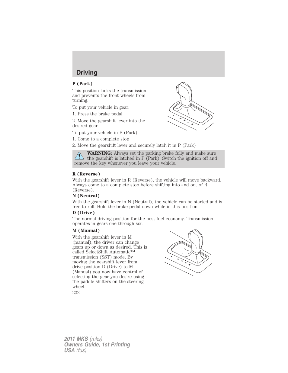 Driving | Lincoln 2011 MKS User Manual | Page 232 / 377