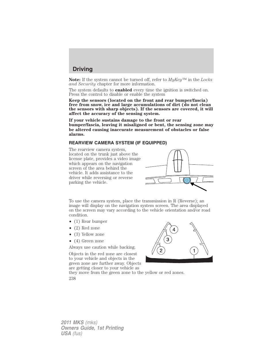 Rearview camera system (if equipped), Rear-view camera system, Driving | Lincoln 2011 MKS User Manual | Page 238 / 377