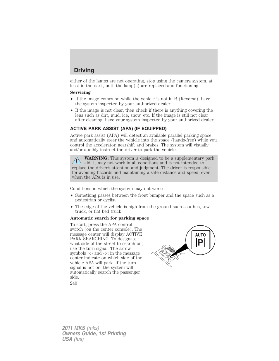 Active park assist (apa) (if equipped), Driving | Lincoln 2011 MKS User Manual | Page 240 / 377