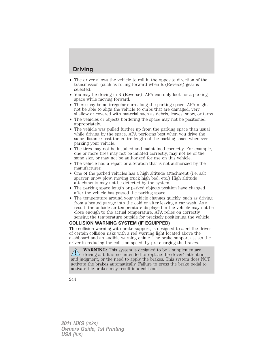 Collision warning system (if equipped), Driving | Lincoln 2011 MKS User Manual | Page 244 / 377