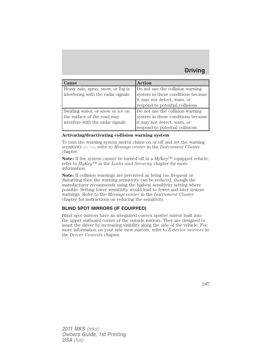 Blind spot mirrors (if equipped), Driving | Lincoln 2011 MKS User Manual | Page 247 / 377