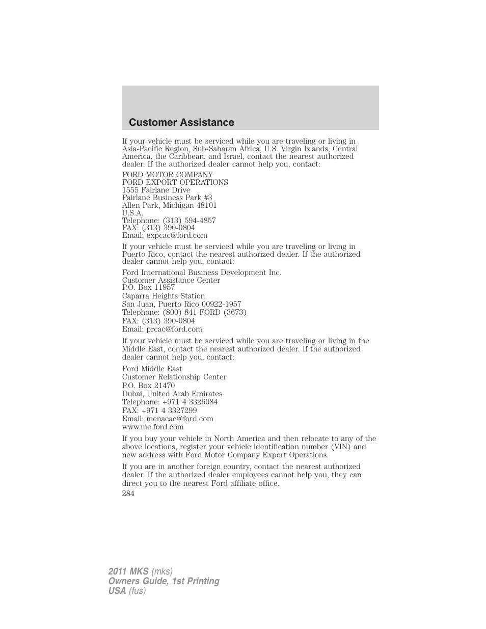 Customer assistance | Lincoln 2011 MKS User Manual | Page 284 / 377