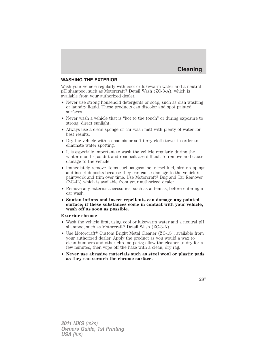 Cleaning, Washing the exterior | Lincoln 2011 MKS User Manual | Page 287 / 377