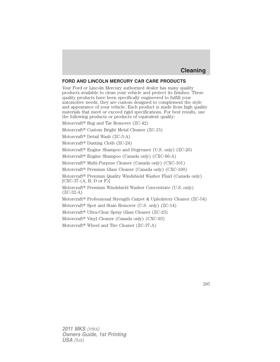 Ford and lincoln mercury car care products, Cleaning | Lincoln 2011 MKS User Manual | Page 295 / 377