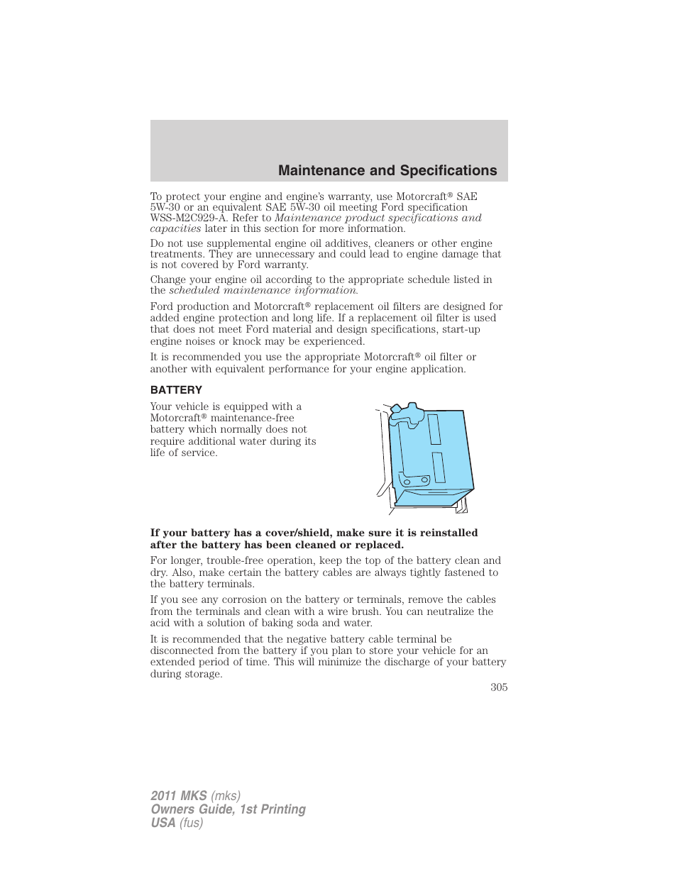 Battery, Maintenance and specifications | Lincoln 2011 MKS User Manual | Page 305 / 377