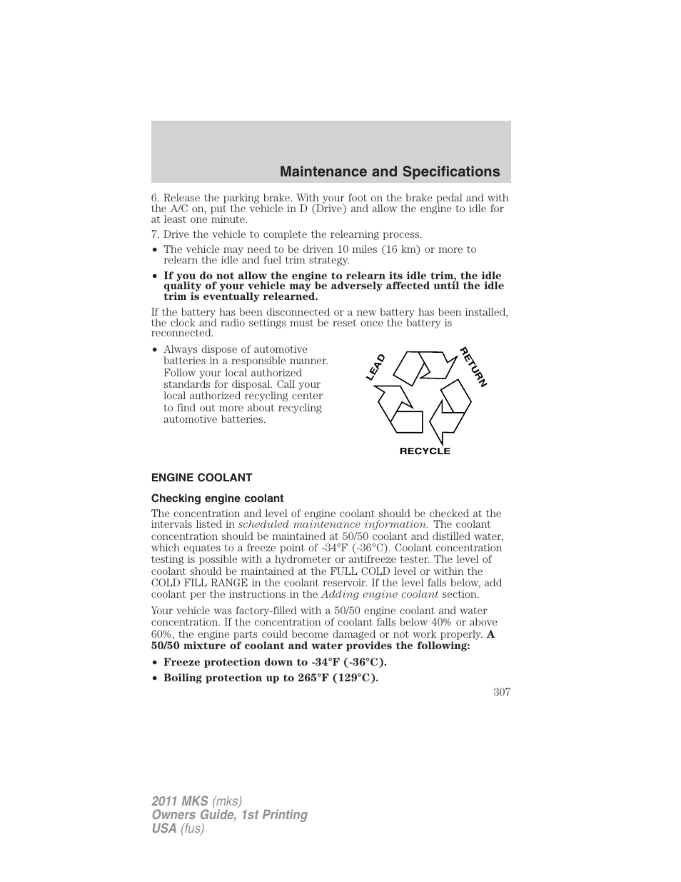 Engine coolant, Checking engine coolant, Maintenance and specifications | Lincoln 2011 MKS User Manual | Page 307 / 377
