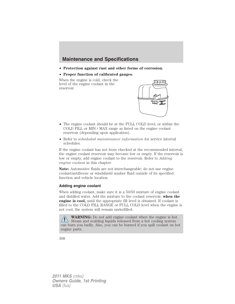 Adding engine coolant, Maintenance and specifications | Lincoln 2011 MKS User Manual | Page 308 / 377