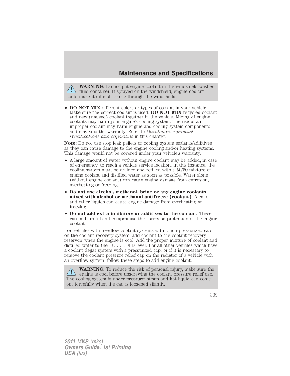 Maintenance and specifications | Lincoln 2011 MKS User Manual | Page 309 / 377