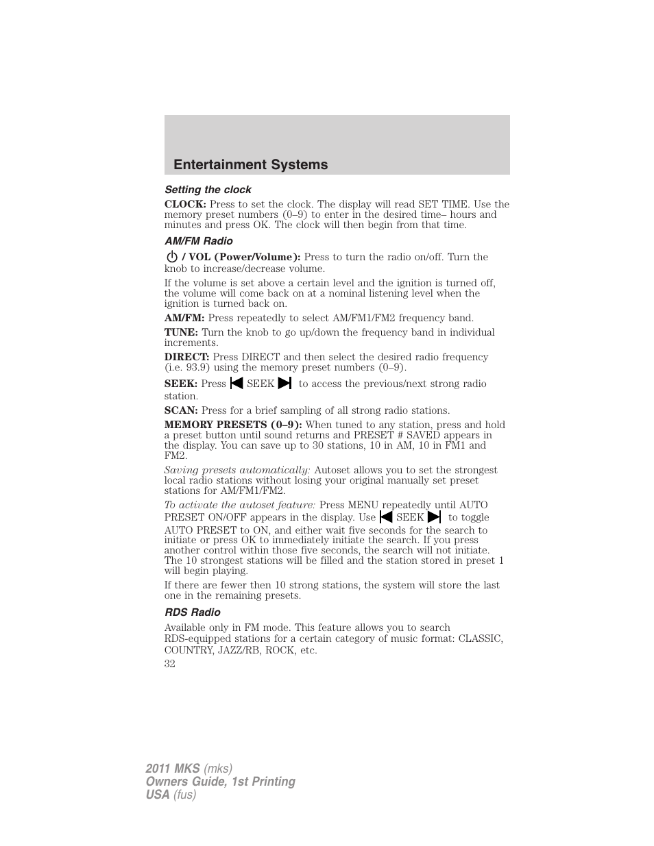 Setting the clock, Am/fm radio, Rds radio | Entertainment systems | Lincoln 2011 MKS User Manual | Page 32 / 377