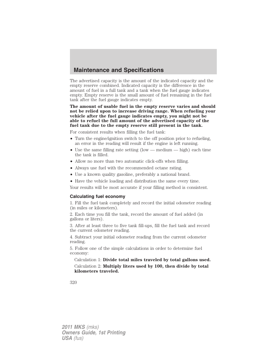 Calculating fuel economy, Maintenance and specifications | Lincoln 2011 MKS User Manual | Page 320 / 377