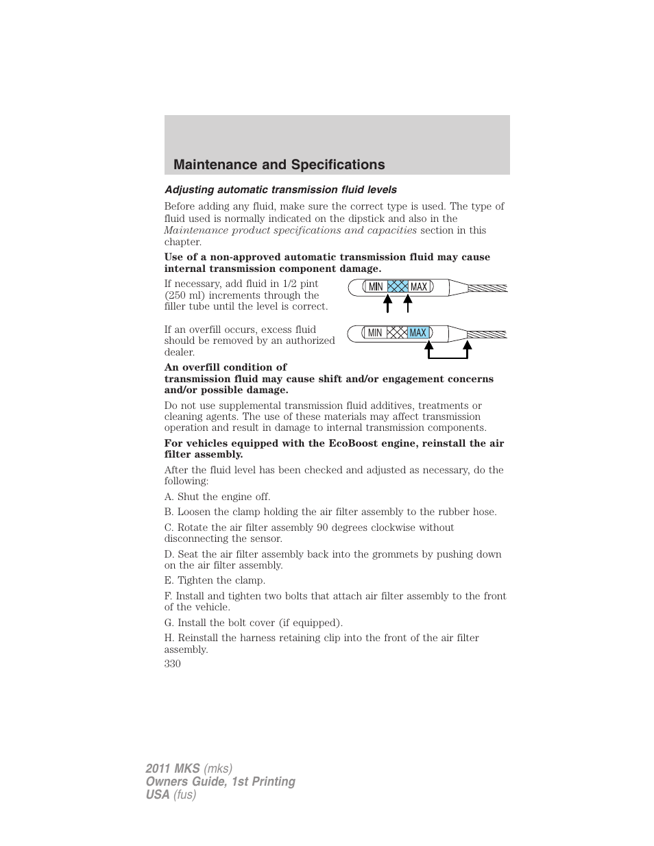 Adjusting automatic transmission fluid levels, Maintenance and specifications | Lincoln 2011 MKS User Manual | Page 330 / 377