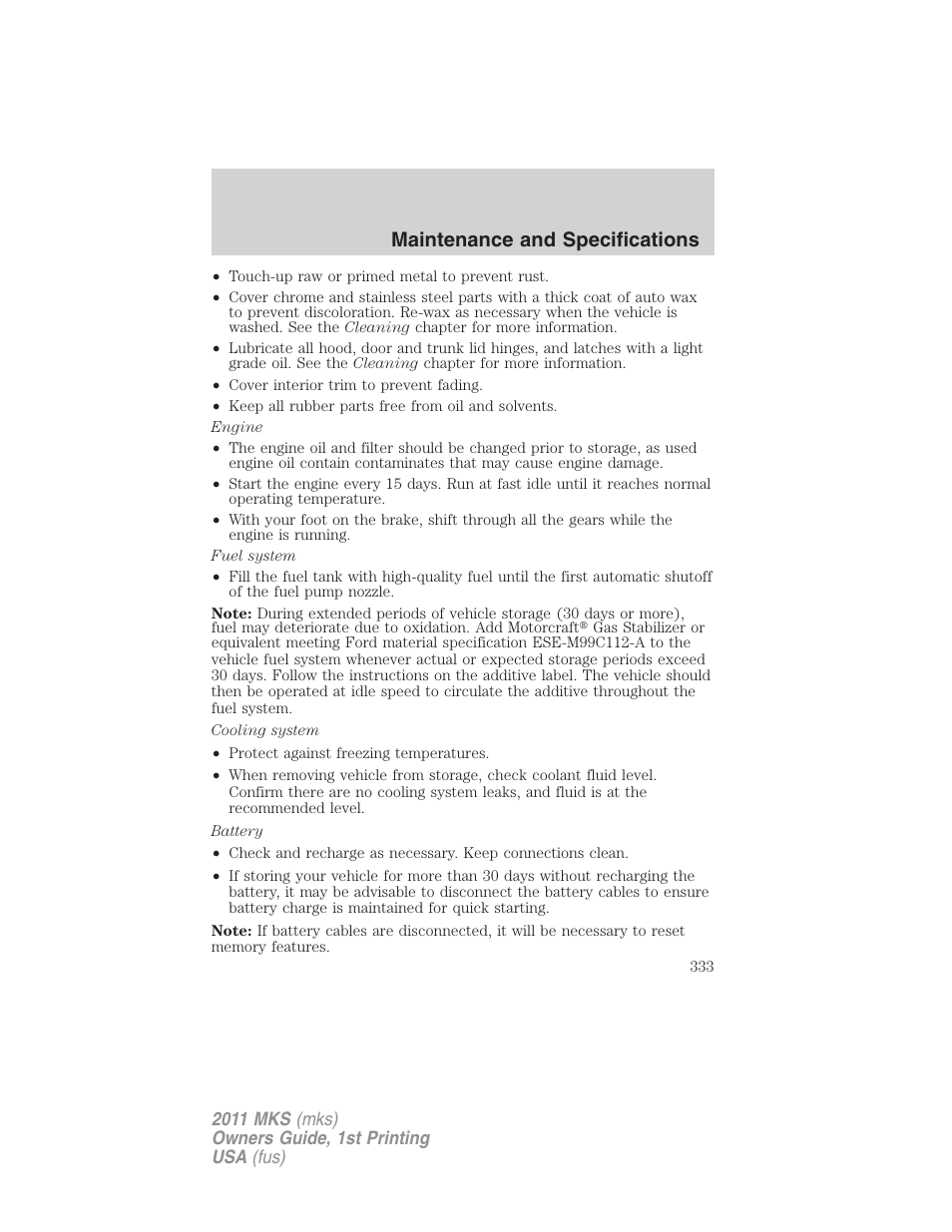 Maintenance and specifications | Lincoln 2011 MKS User Manual | Page 333 / 377