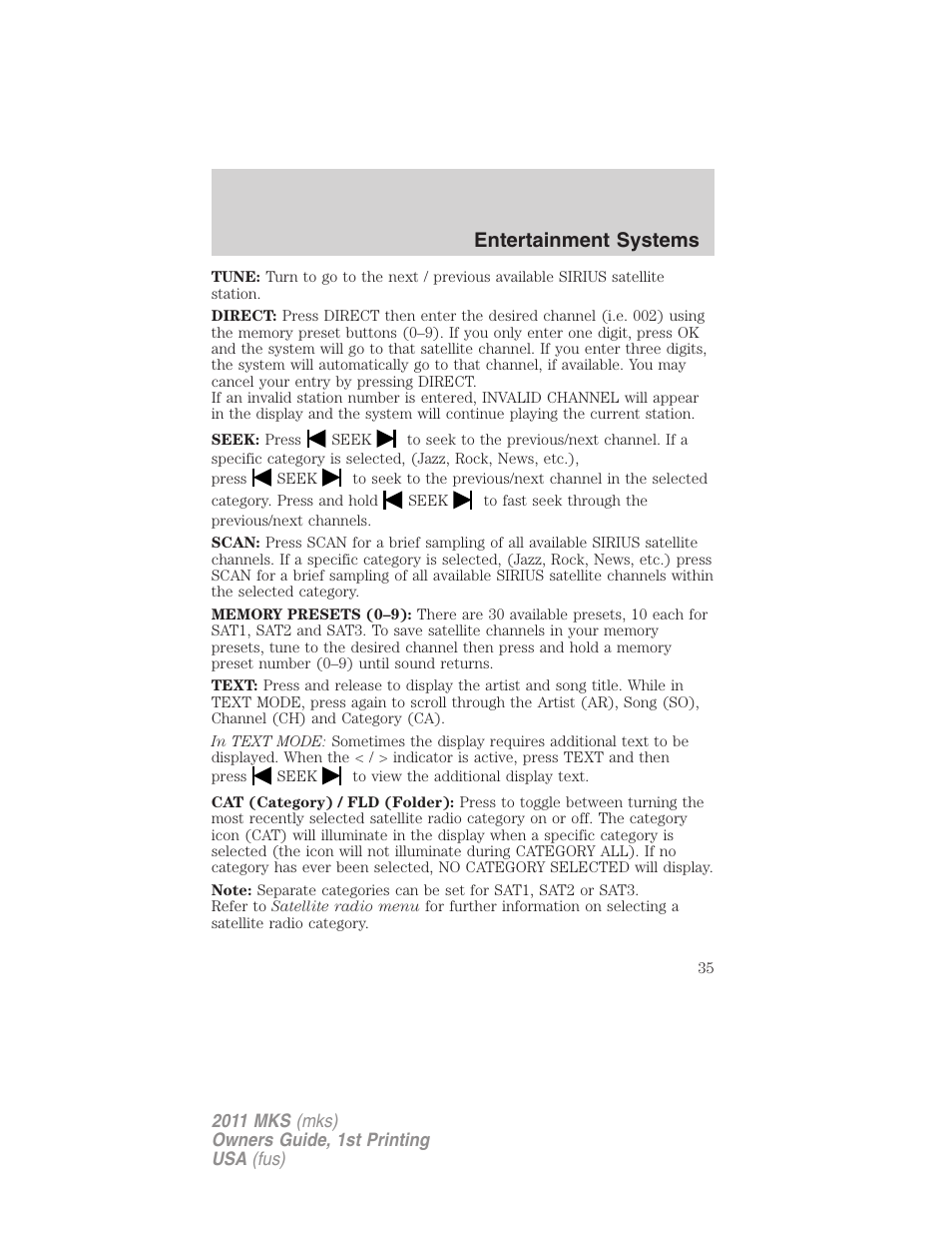 Entertainment systems | Lincoln 2011 MKS User Manual | Page 35 / 377