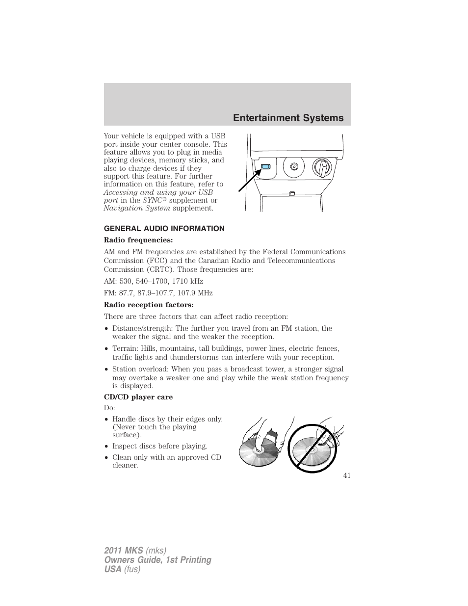 General audio information, Entertainment systems | Lincoln 2011 MKS User Manual | Page 41 / 377