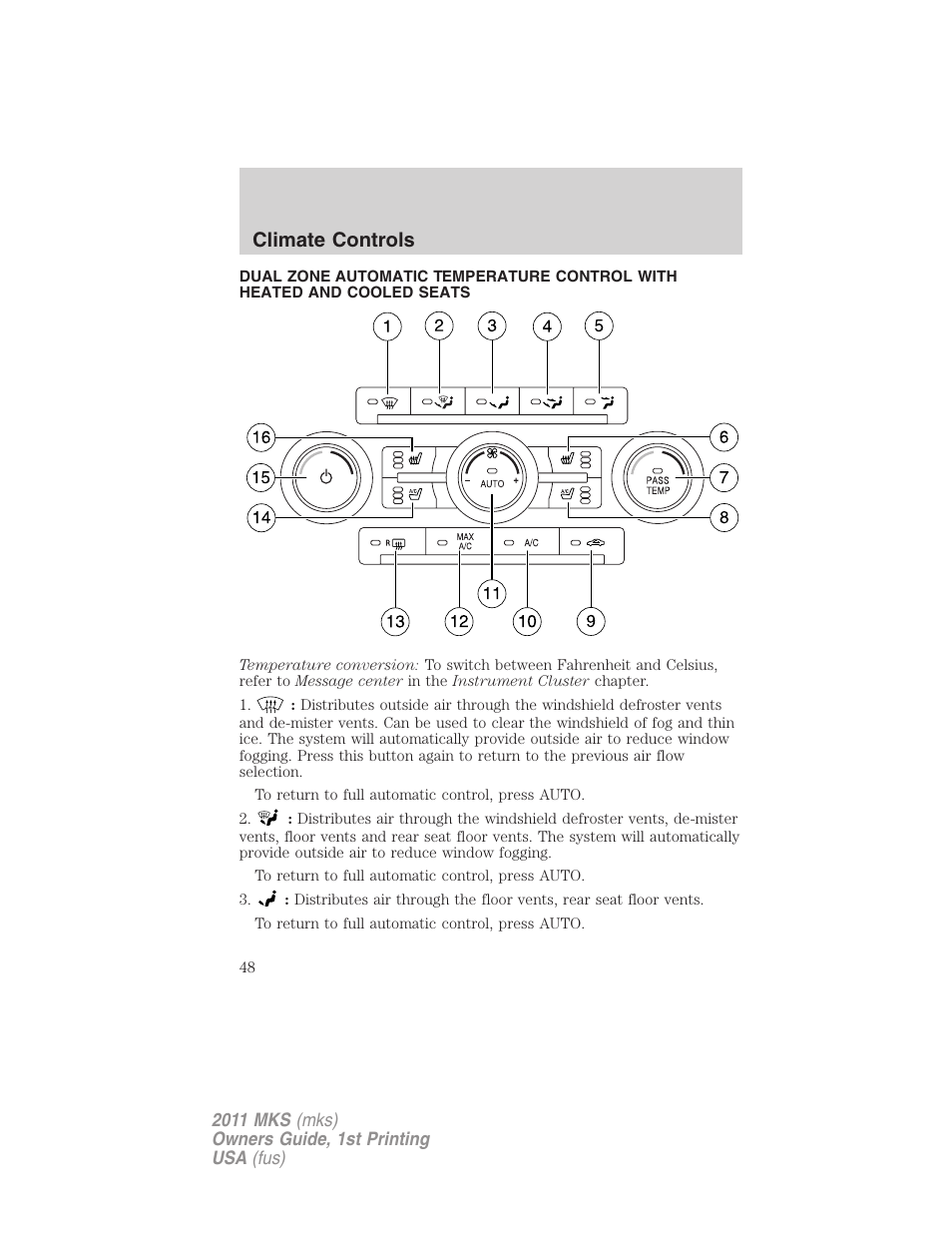 Climate controls, Dual automatic temperature control | Lincoln 2011 MKS User Manual | Page 48 / 377