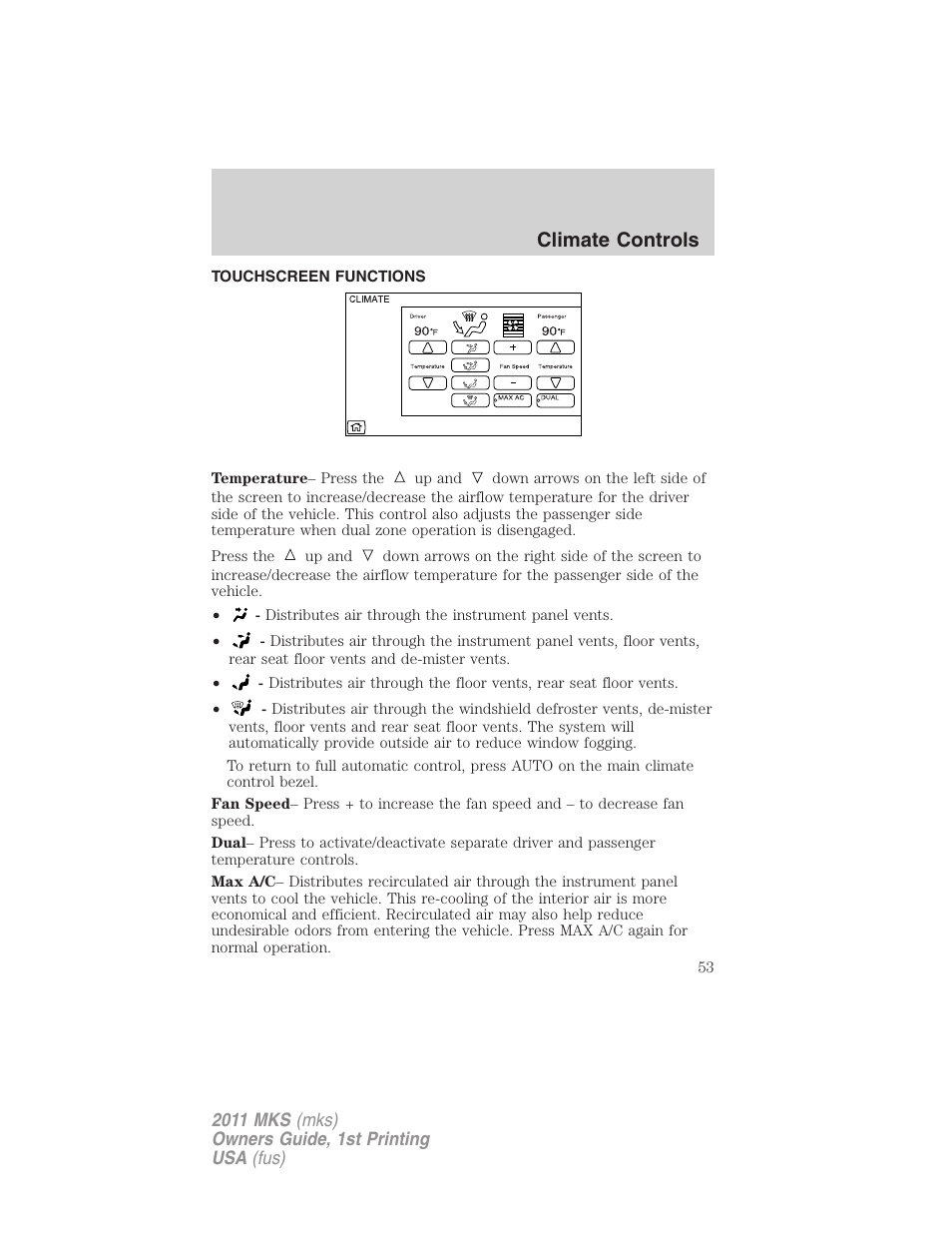 Touchscreen functions, Climate controls | Lincoln 2011 MKS User Manual | Page 53 / 377