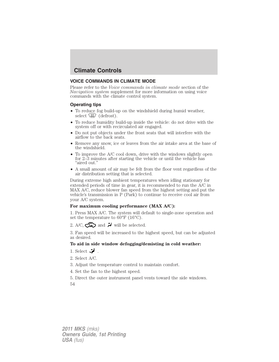 Voice commands in climate mode, Operating tips, Climate controls | Lincoln 2011 MKS User Manual | Page 54 / 377