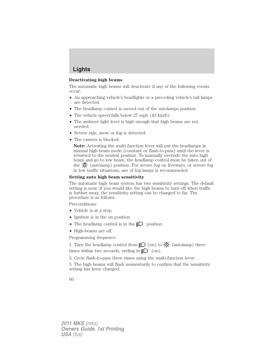 Lights | Lincoln 2011 MKS User Manual | Page 60 / 377