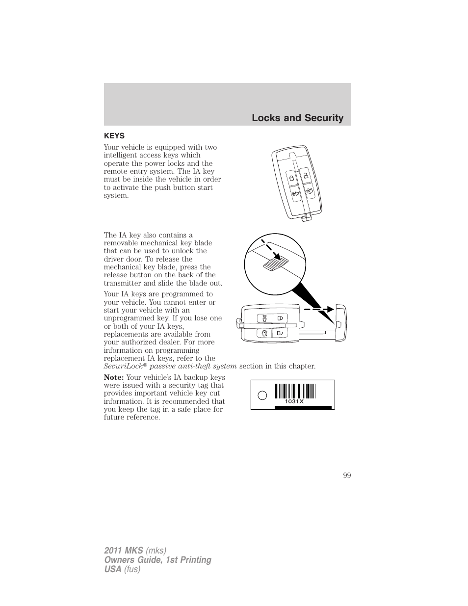 Locks and security, Keys | Lincoln 2011 MKS User Manual | Page 99 / 377