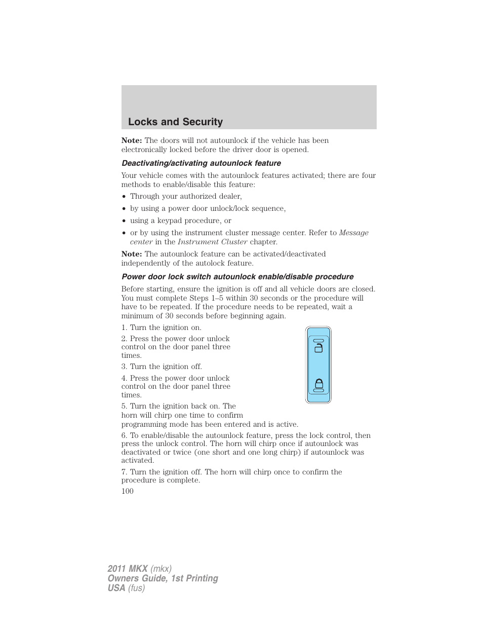 Deactivating/activating autounlock feature, Locks and security | Lincoln 2011 MKX User Manual | Page 100 / 367