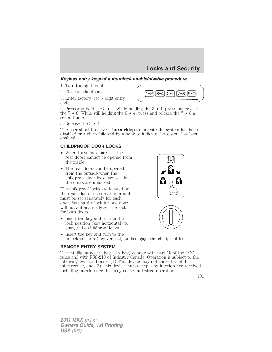 Childproof door locks, Remote entry system, Locks and security | Lincoln 2011 MKX User Manual | Page 101 / 367