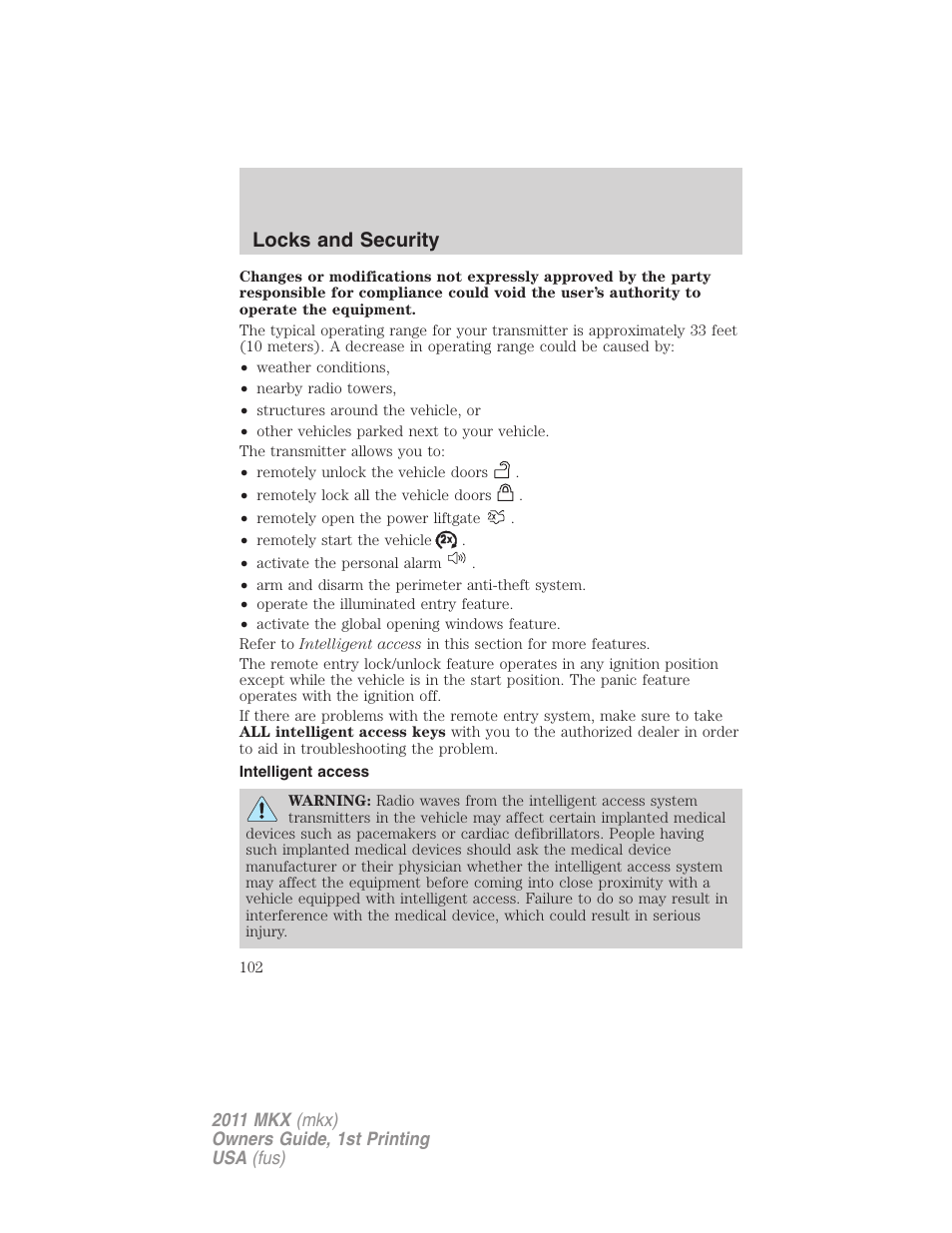 Intelligent access, Locks and security | Lincoln 2011 MKX User Manual | Page 102 / 367