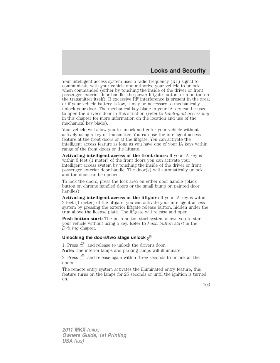 Unlocking the doors/two stage unlock, Locks and security | Lincoln 2011 MKX User Manual | Page 103 / 367