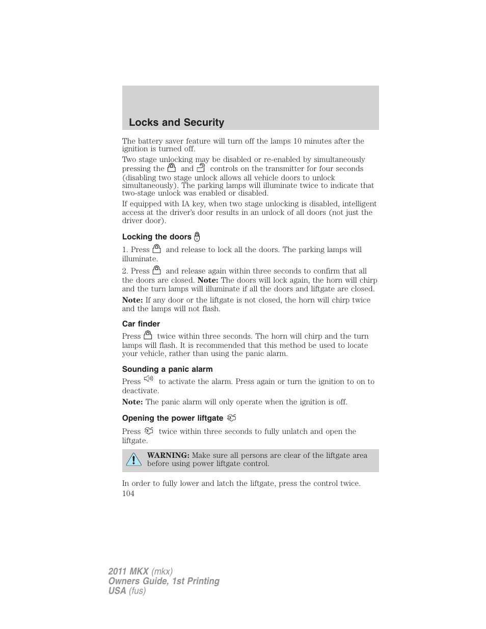 Locking the doors, Car finder, Sounding a panic alarm | Opening the power liftgate, Locks and security | Lincoln 2011 MKX User Manual | Page 104 / 367