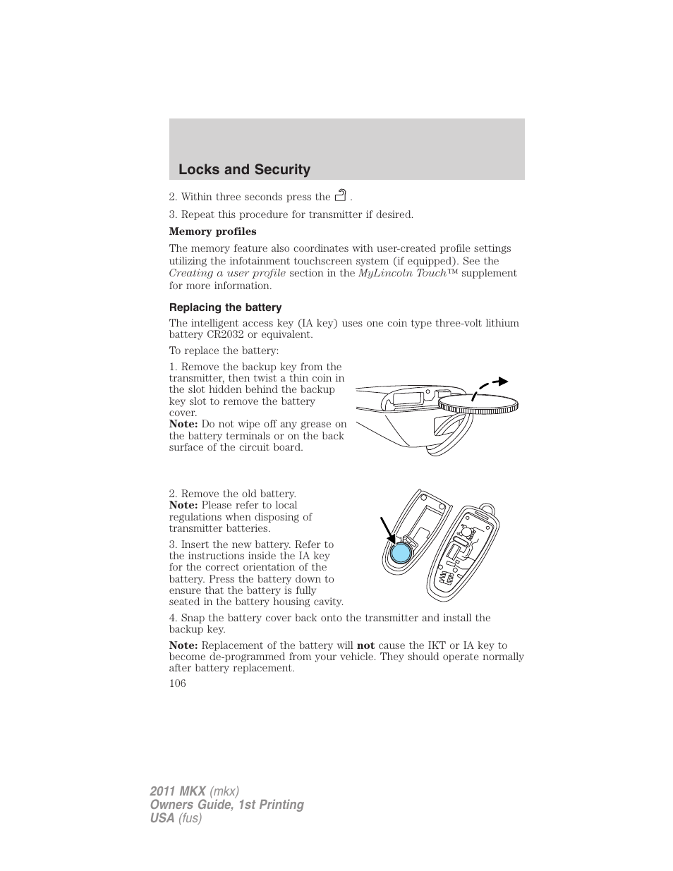 Replacing the battery, Locks and security | Lincoln 2011 MKX User Manual | Page 106 / 367