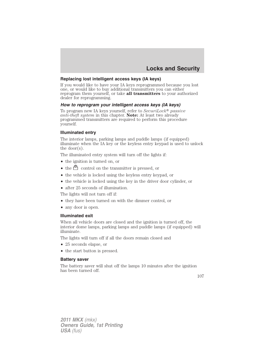 Replacing lost intelligent access keys (ia keys), Illuminated entry, Illuminated exit | Battery saver, Locks and security | Lincoln 2011 MKX User Manual | Page 107 / 367