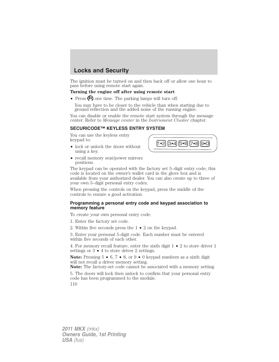 Securicode™ keyless entry system, Locks and security | Lincoln 2011 MKX User Manual | Page 110 / 367