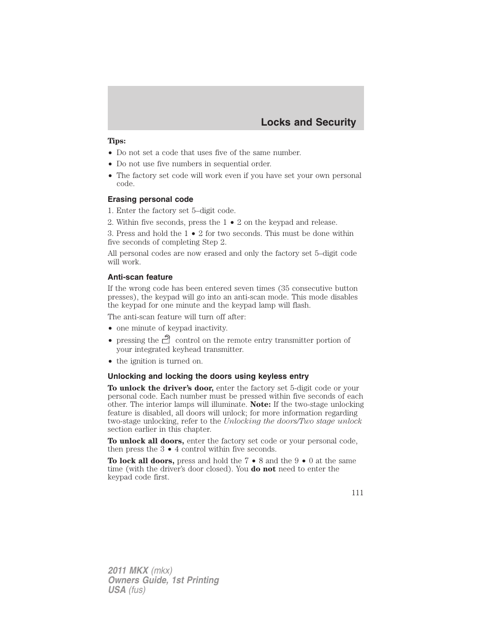 Erasing personal code, Anti-scan feature, Locks and security | Lincoln 2011 MKX User Manual | Page 111 / 367