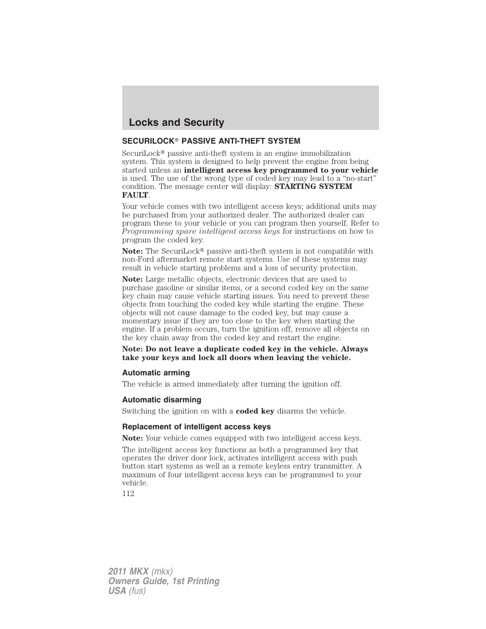 Securilock passive anti-theft system, Automatic arming, Automatic disarming | Replacement of intelligent access keys, Anti-theft system, Locks and security | Lincoln 2011 MKX User Manual | Page 112 / 367